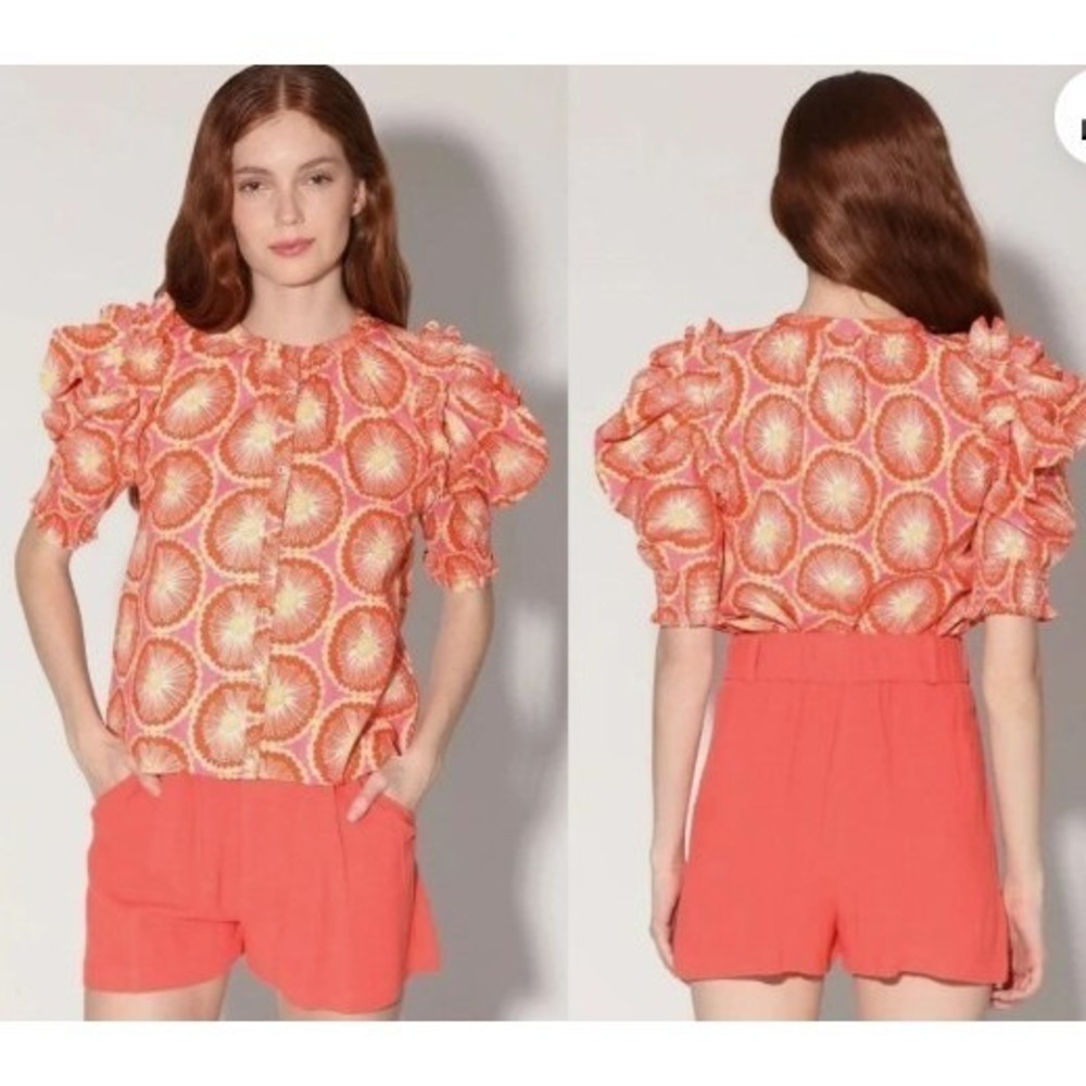 Walter Baker Colleene Top Women's L Orange Blossom Floral Puff Sleeve Cotton